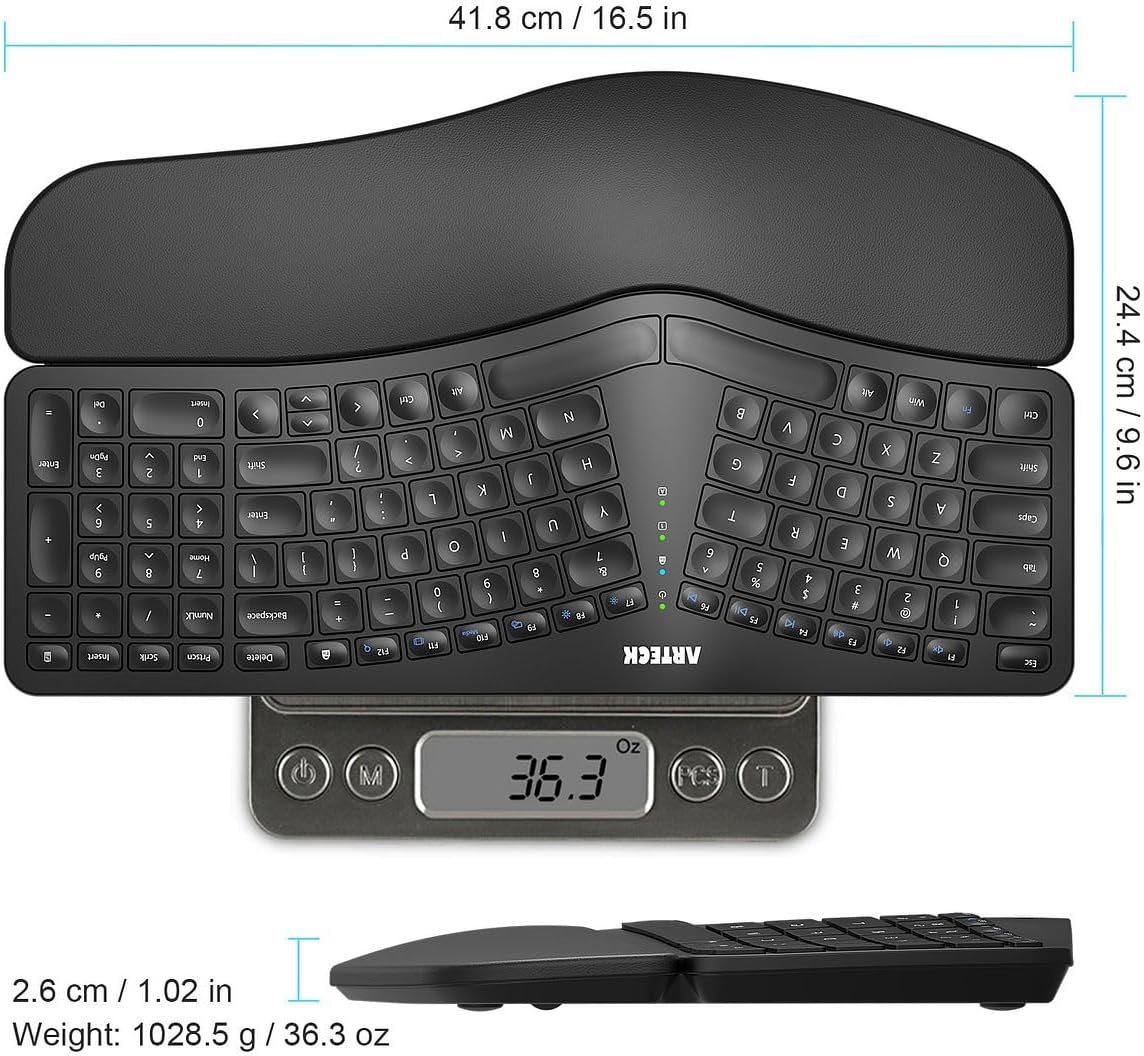 Arteck Split Ergonomic Keyboard with Cushioned Wrist and Palm Rest, 2.4G USB Wireless Comfortable Natural Ergonomic Split Keyboard, for Windows Computer Desktop Laptop