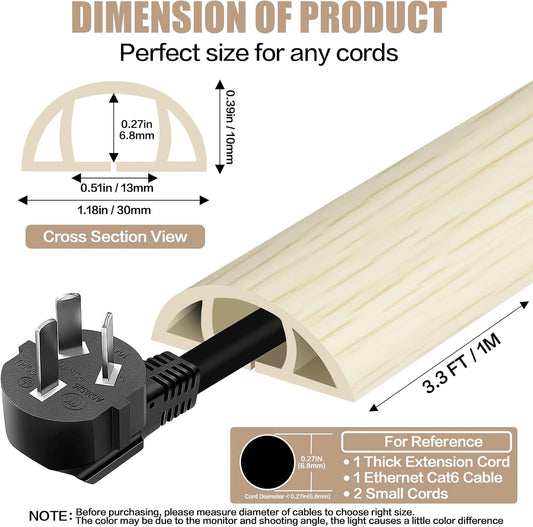 Floor Cord Cover Self Adhesive Cord Hider,3.3FT Cable Management, Extension Strip Protector for Wires, Prevent Cable Trips for Offices, Gyms, Exhibitions Cavity:0.39"(W) x 0.27"(H) Yellow Wood