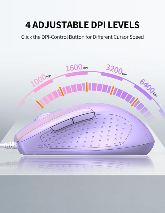 TECKNET Wired Mouse, 6-Button Corded with 4 Adjustable DPI, Optical Ergonomic Design, 5FT Cord for Laptop, Chromebook, PC, Desktop, Mac, Notebook - Gradient Lavender