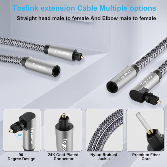 Optical Extension Fiber Digital Cable Adapter 2 Feet(2 Pack), 90 Degree Right Angle & Straight Male to Female Coupler, Toslink Audio Cable, Nylon Braided for Home Theater, Soundbar, TV and More