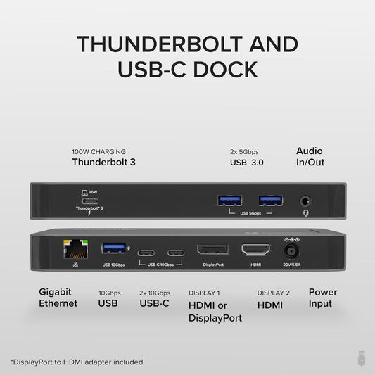 Plugable Thunderbolt Dock, 40Gbps with 100W Laptop Charging, Compatible with macOS, Windows, Dual HDMI Docking Station with DisplayPort - Dual Monitor, 2X USB-C, 3X USB 3, Gigabit Ethernet, Audio Jack
