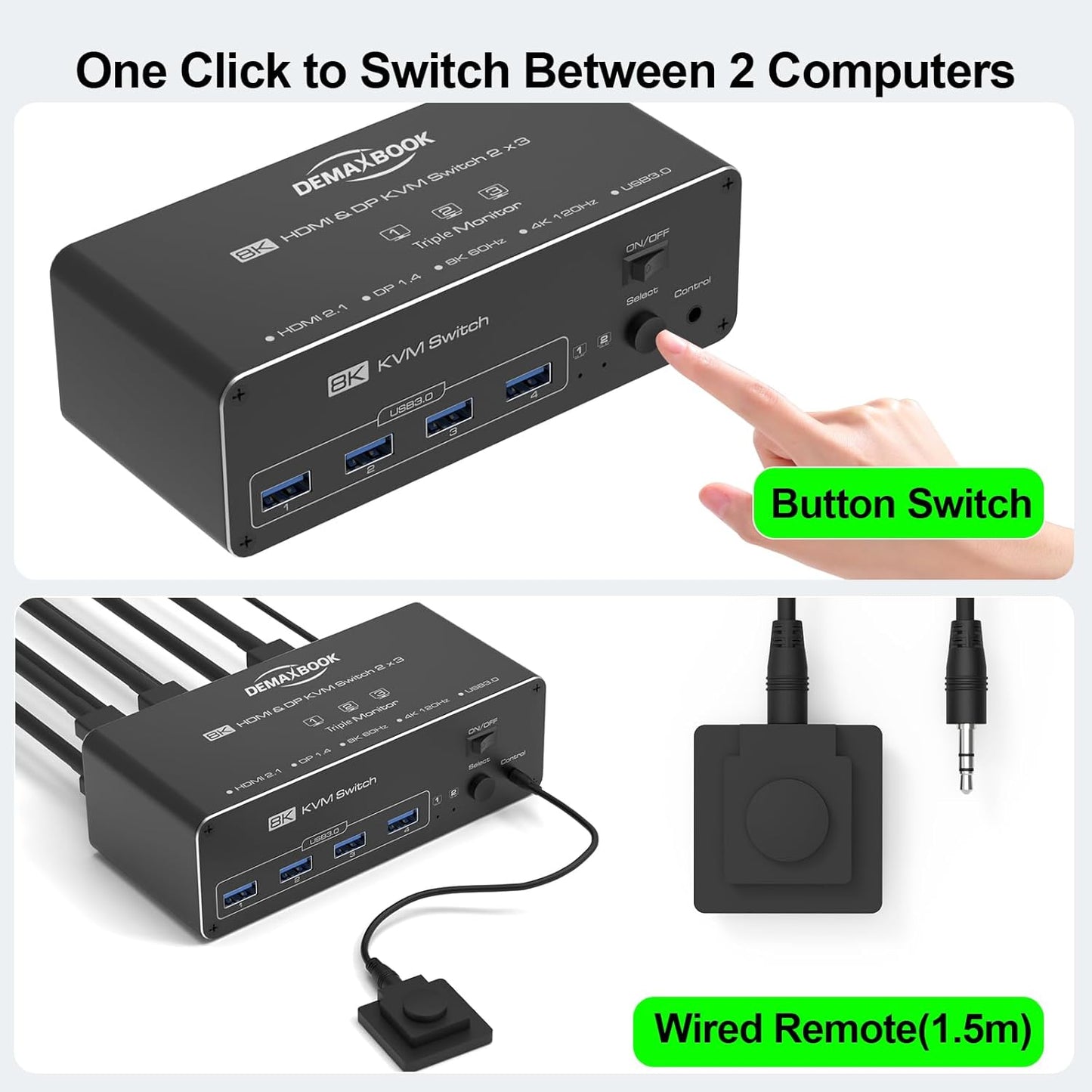 DEMEXBOOK HDMI DisplayPort KVM Switch 3 Monitors 2 Computers 8K@60Hz, 4K@144Hz,Triple Monitor KVM Switches with 4 USB 3.0 Ports, Wired Remote, USB3.0 Cables,Power Adapter Included