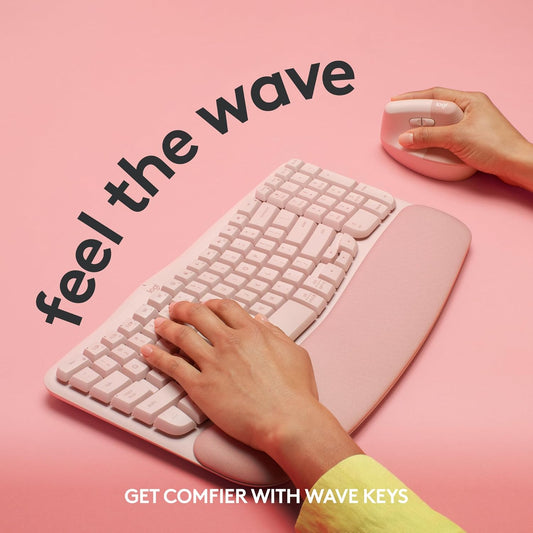 Logitech Wave Keys Wireless Ergonomic Keyboard with Cushioned Palm Rest, Comfortable Natural Typing, Easy-Switch, Bluetooth, Logi Bolt Receiver, for Multi-OS, Windows/Mac - Rose