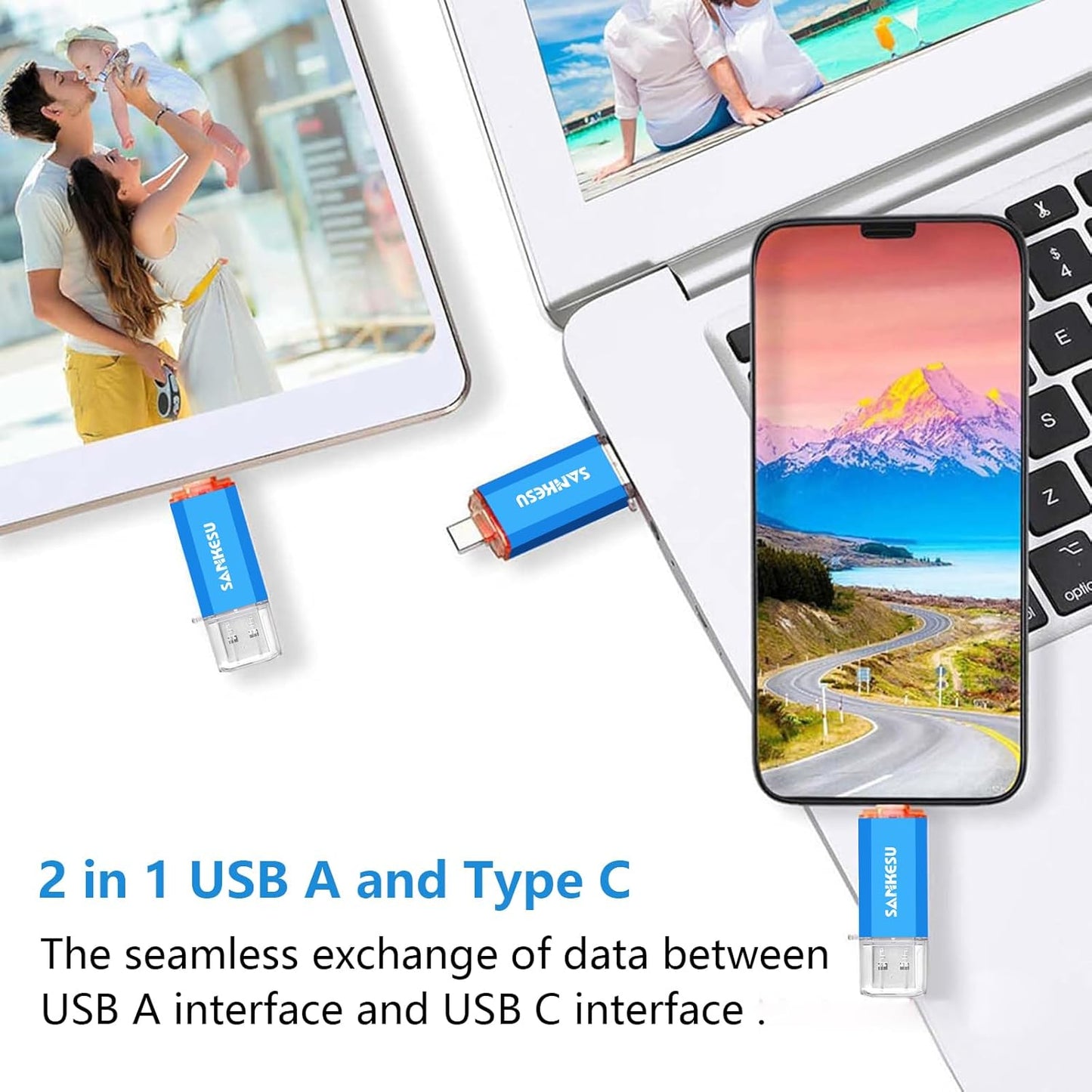 3.0 USB C Flash Drive, USB-A & Type-C OTG Thumb Stick, Dual Memory Sticks Compatible with PC/Laptop/Type C Cell Phone and Tablet (Blue/Blue, 512GB)