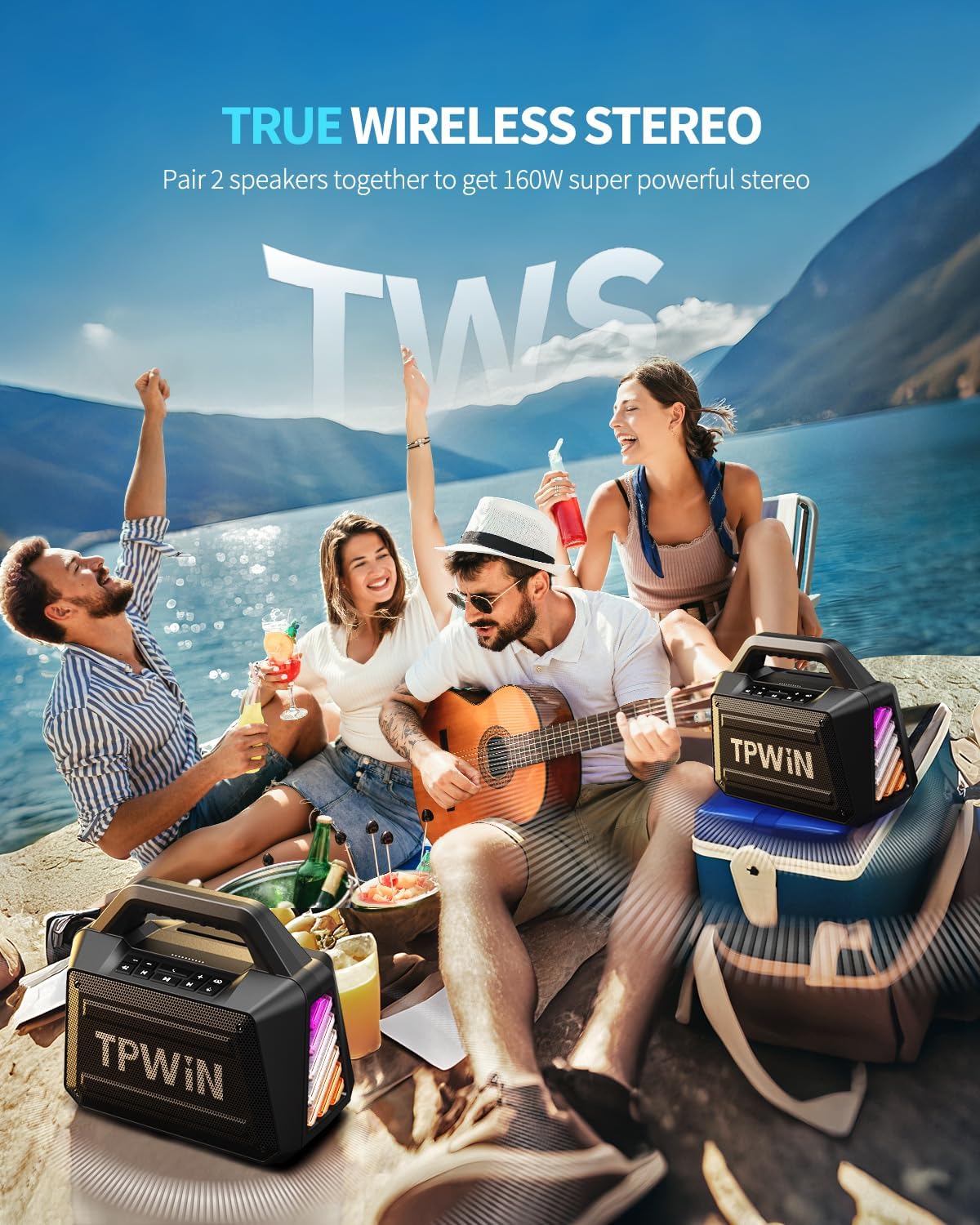 Portable Bluetooth Speaker - 80W Peak Loud Speakers, 20H Playtime for Outdoor Adventure, Lightshow, TWS, Deep Bass, BT 5.3 Wireless, IPX6 Waterproof for Travel Hiking Camping Beach Pool - Black