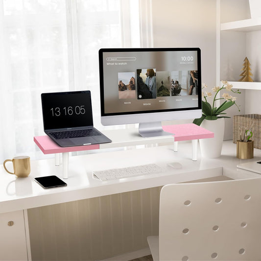 Dual-Monitor-Stand-Riser-For-Desk Adjustable Length 32-40 Inch,Large Desktop Computer Monitor Riser For 2 Screens,Desk Shelf Organizer Riser Stand For Computer/Laptop/PC/Printer/TV