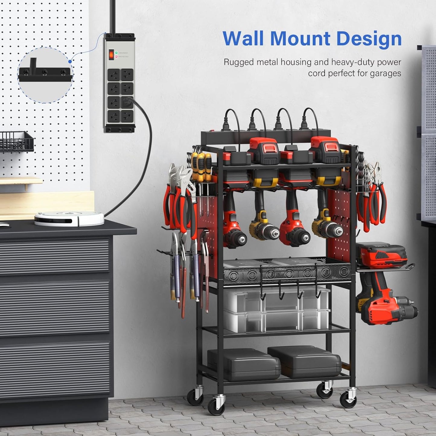 CCCEI Grey Heavy Duty Power Strip Surge Protector 20 AMP, 8 Outlets 12 Gauge Industrial Shop Garage Metal Multiple Outlets, 25 FT Extension Cord 5-15P Adapter High Amp 6-20R T-Slot 20a for Appliance