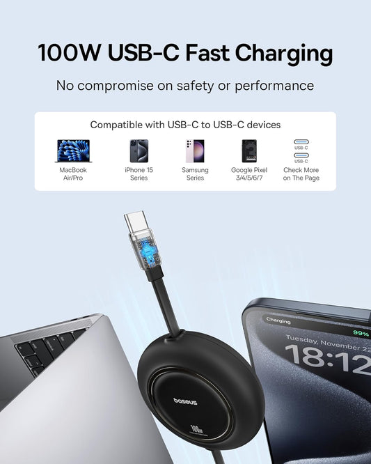 Baseus USB C to USB C Cable, 100W 6.6ft Retractable USB C Fast Charging Cable, 7-Stage Length Preset Retractable Charger Cord for iPhone 16 15 Pro Plus Pro Max, MacBook, iPad Pro, Samsung S24/S23