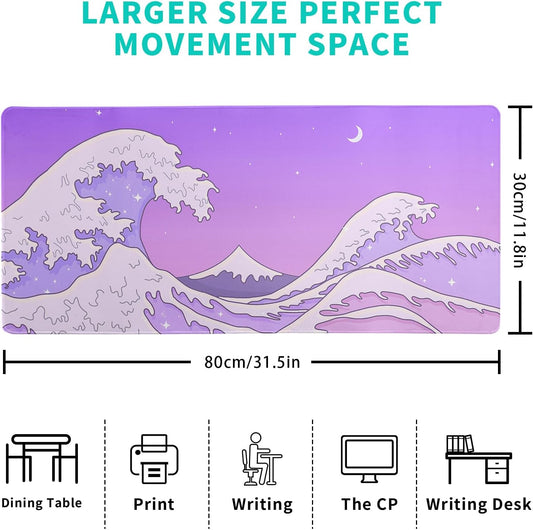 Purple Japanese Sea Wave Gaming Mouse Pad - Large Desk Mat with Non-Slip Base and Stitched Edge for Gaming and Office - 31.5x11.8 Inch