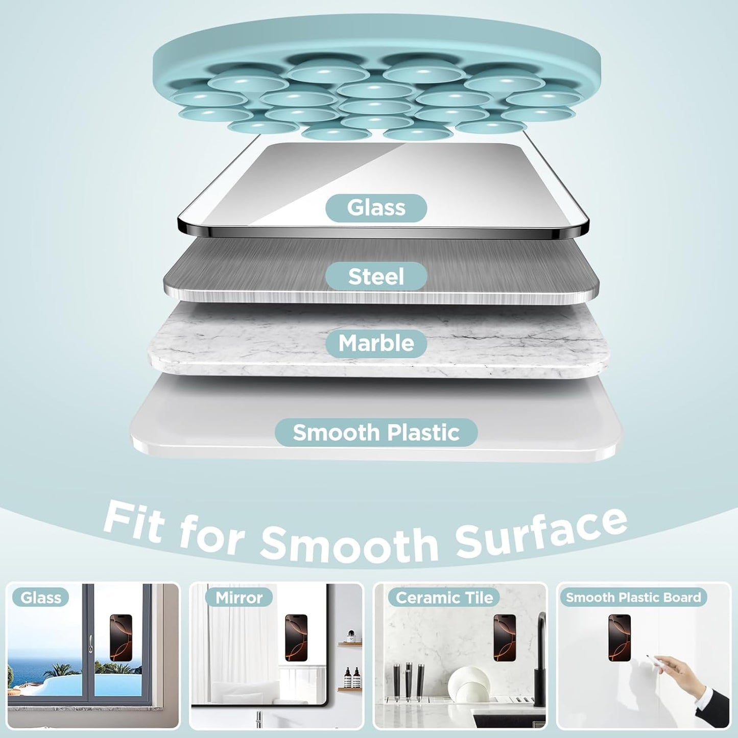 Magnetic Suction Cup Phone Mount for MagSafe Case, Silicone Hands-Free Grip Holder for iPhone and Android, Mirror Shower Phone Stand for Makeup FaceTime Gym Kitchen Bathroom, Light Cyan