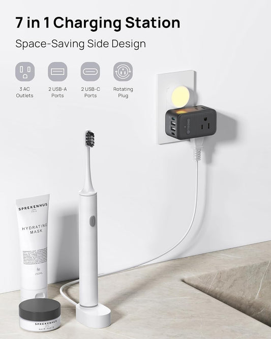 TROND Multi Plug Outlet Extender, 3 AC Outlet Adapter with 360 Rotating Plug, Black Power Splitter with PD 20W USB C Charger, A Compact Solution to Home Dorm Room Travel Cruise Essentials