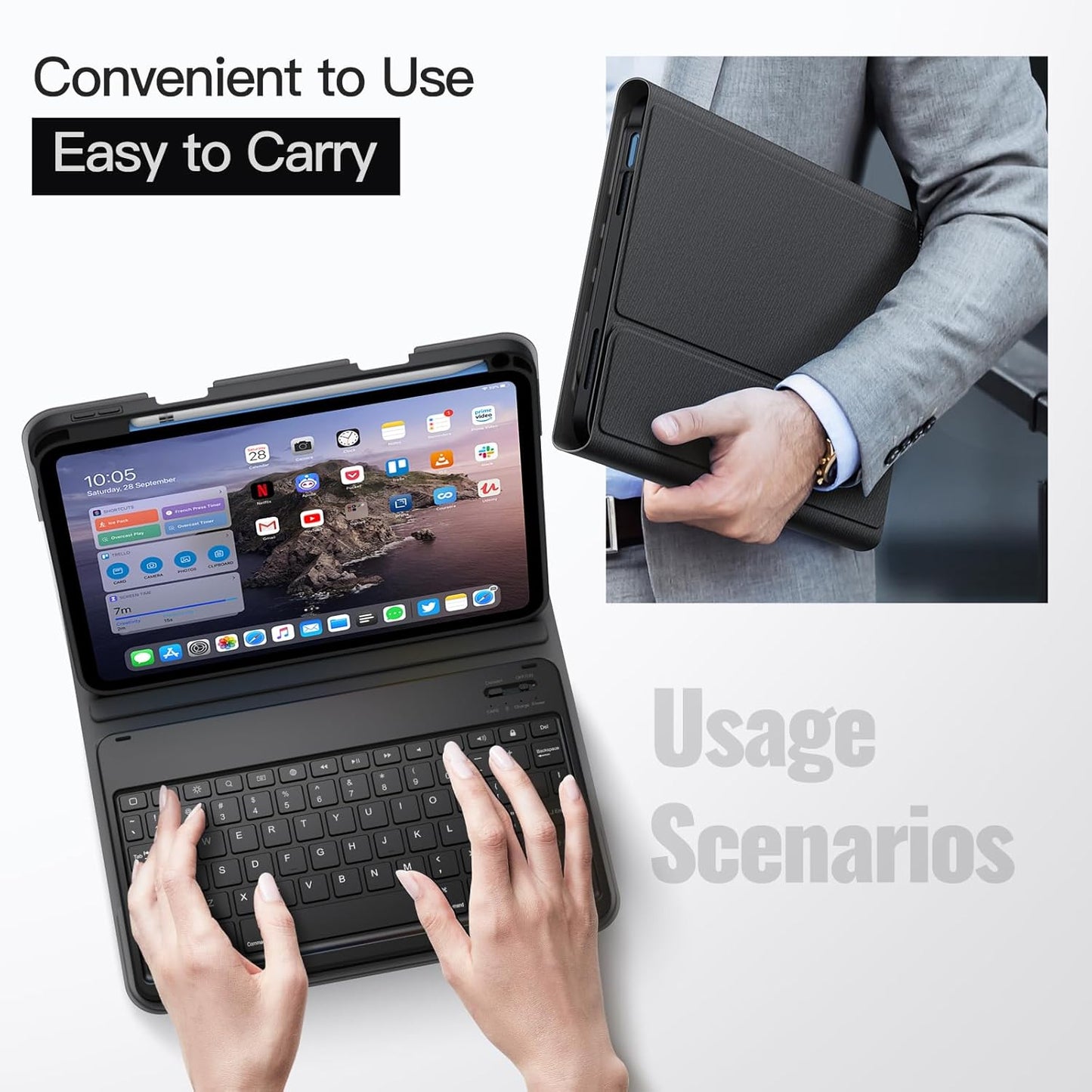 JETech Keyboard Case for iPad (A16) 11th/10th Generation (2025/2022) with Pencil Holder, Magnetic Detachable Bluetooth Wireless Keyboard, Soft TPU Back Stand Cover (Black)