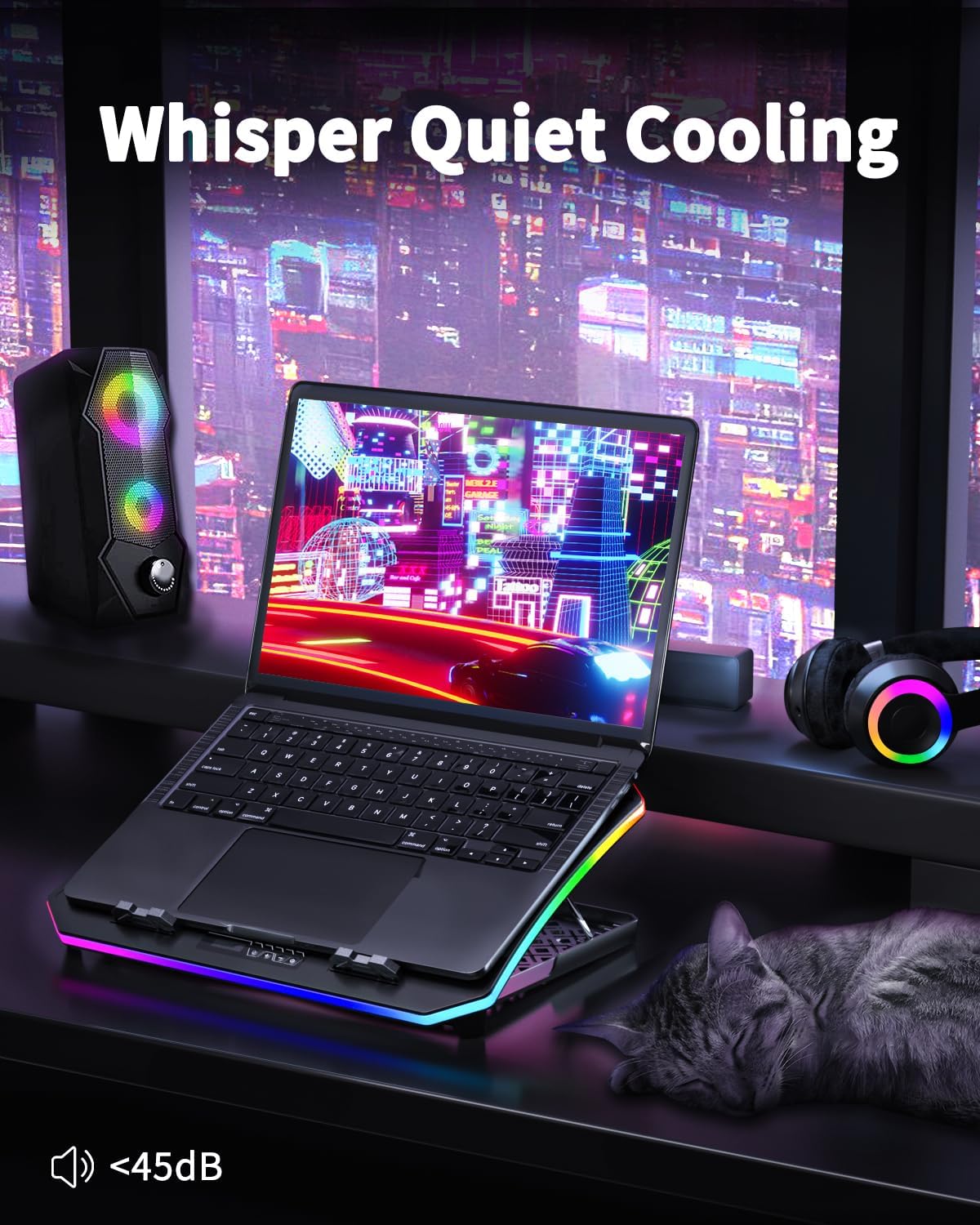 KeiBn Laptop Cooling Pad, Gaming Laptop Fan Cooling Pad with 9 Quiet Fans, RGB Laptop Cooler for 15.6-17.3 Inch, Cooling Pad for Laptop with 7 Height Stands, 2 USB Ports, Phone Stand-Purple