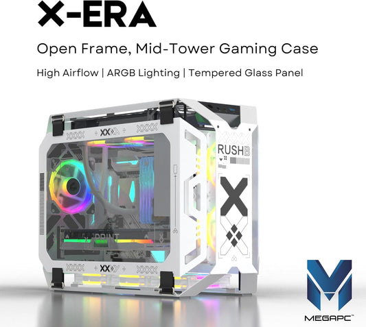 MegaPC X-Era Open-Frame Mid-Tower Micro-ATX/Mini-ITX Gaming Case – Tempered Glass Panels, High Airflow, ARGB Lighting, USB-C Port (Black/White/Print Stream, with Fans Only)