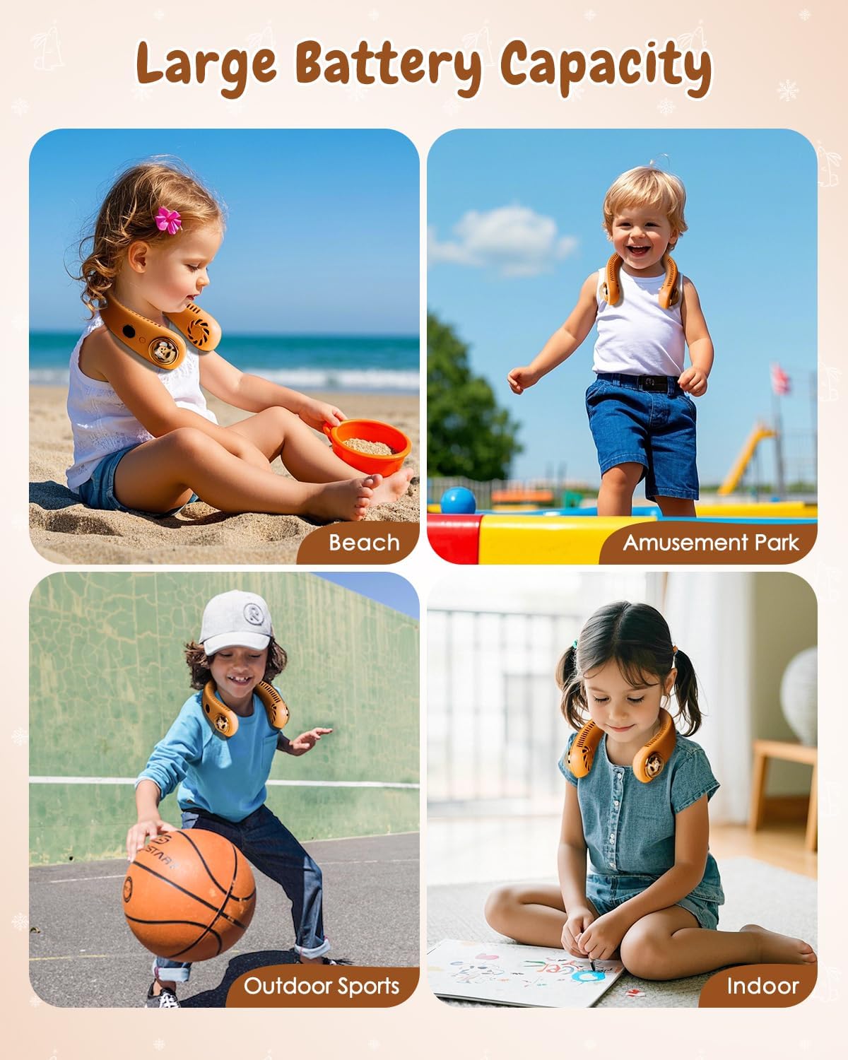 Neck Fan for Kids,Bladeless Portable Fan Rechargeable for 4-14Y Girls & Boys, 2400mAh USB Personal Cooling Mini Fan Rechargeable for Travel/Disney/Camping, 3 Speeds, Summer Essentials(Orange)