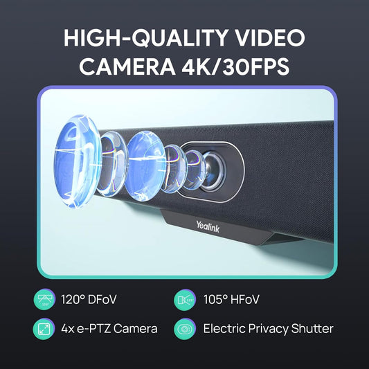 Yealink Video Conference Camera, 4K Webcam, 120° Ai Auto Framing, 8 Microphone Arrays & Speaker Tracking, Ai Noise Cancellation Teams Certified, Meetingbar A10 All-in-one Conference Room Camera System