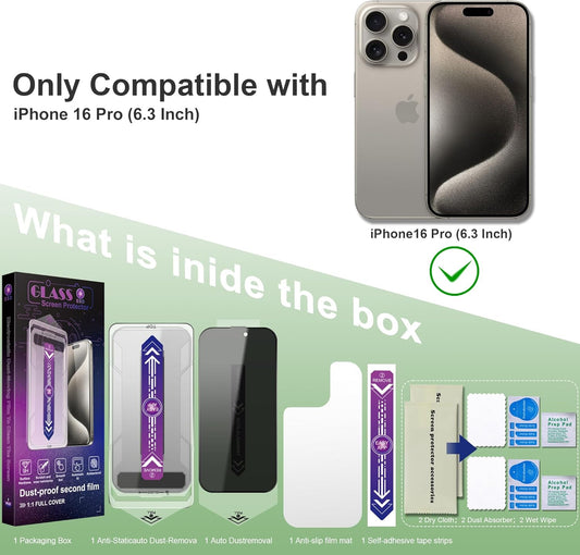 2 Pack Privacy Screen Protector for iPhone 16 Pro 6.3-Inch Auto Dust Removal, No Bubbles,Anti-Spy Tempered Glass Film, Easy Installation