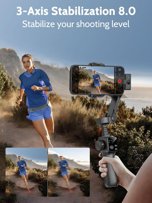 Gimbal Stabilizer for iPhone & Android,3-Axis Phone Gimbal w/Wireless Lavalier Microphone,Built-in 7.8" Extension Pole,OLED Display,Phone Stabilizer for Video Recording TikTok(V8 Mic Kit)