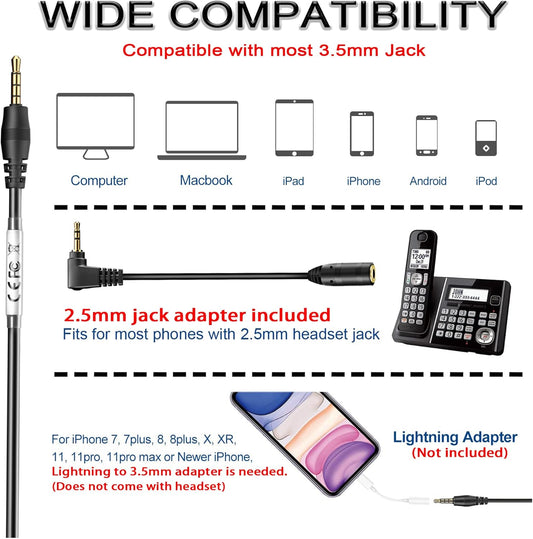 Wantek Cell Phone Headset Mono with Noise Canceling Mic, Wired Computer Headphone for iPhone Samsung Huawei HTC LG ZTE BlackBerry Smartphones and Laptop PC Mac Tablet with 3.5mm Jack(F600J35)