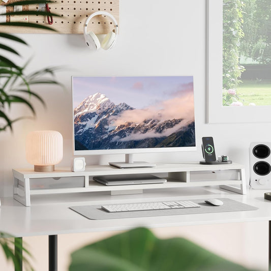 Fenge Dual Monitor Stand, Monitor Riser with Drawer, 42.5 Inch Large Computer Monitor Stand for 2 Monitors, 2 Tier Wooden Desk Shelf for Top of Desk