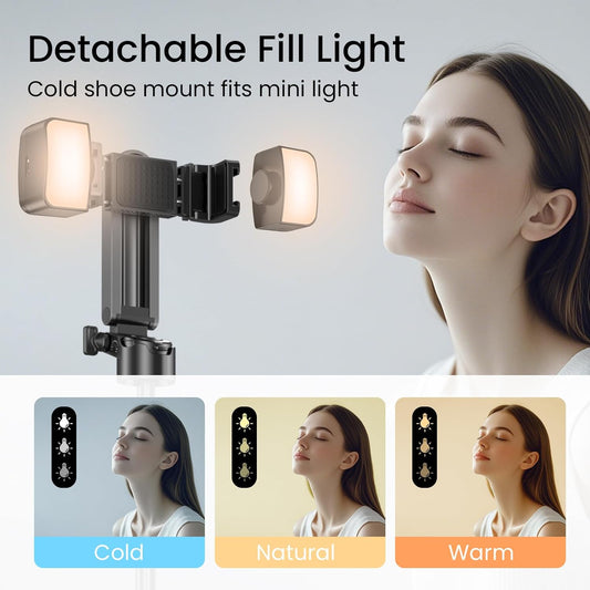 Mini Tripod with Dual Fill Lights, Portable Selfie Stick with Wireless Remote, Pocket Size Phone Tripod with Cold Shoe for iPhone/Android, Vlogging & Live Streaming(Black)