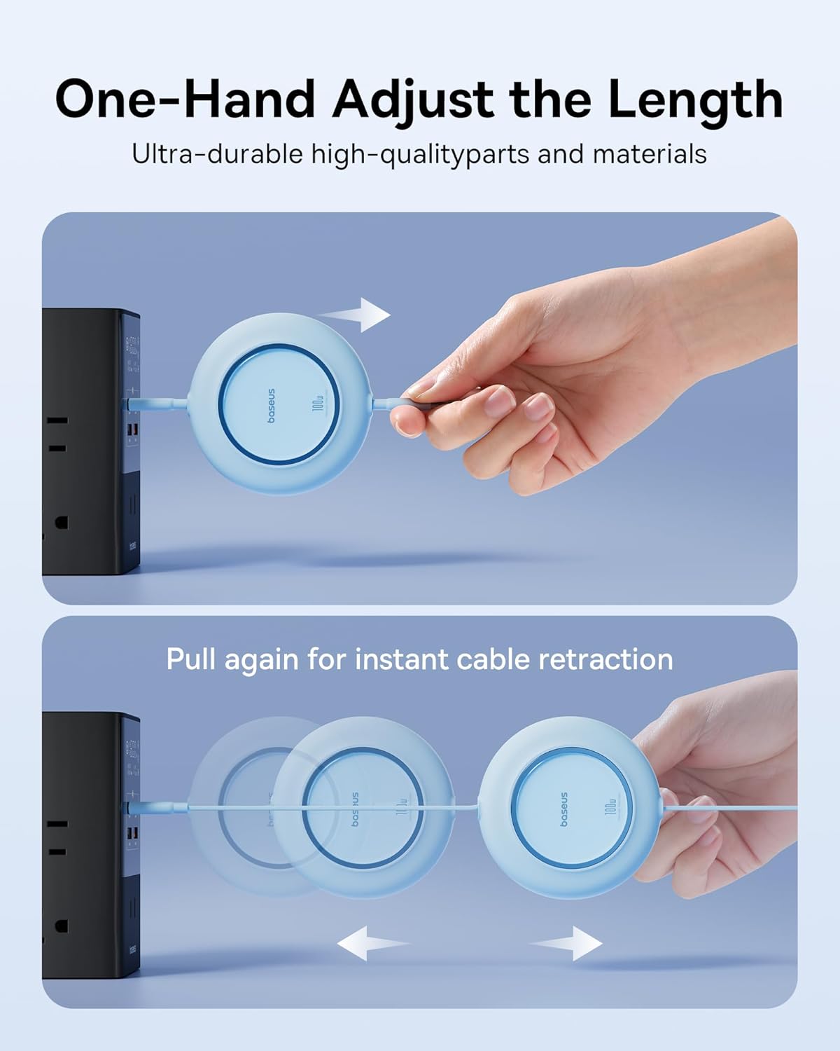 Baseus USB C to USB C Cable, 100W 6.6ft Retractable USB C Fast Charging Cable, 7-Stage Length Preset Retractable Charger Cord for iPhone 16 15 Pro Plus Pro Max, MacBook, iPad Pro, Samsung S24/S23+