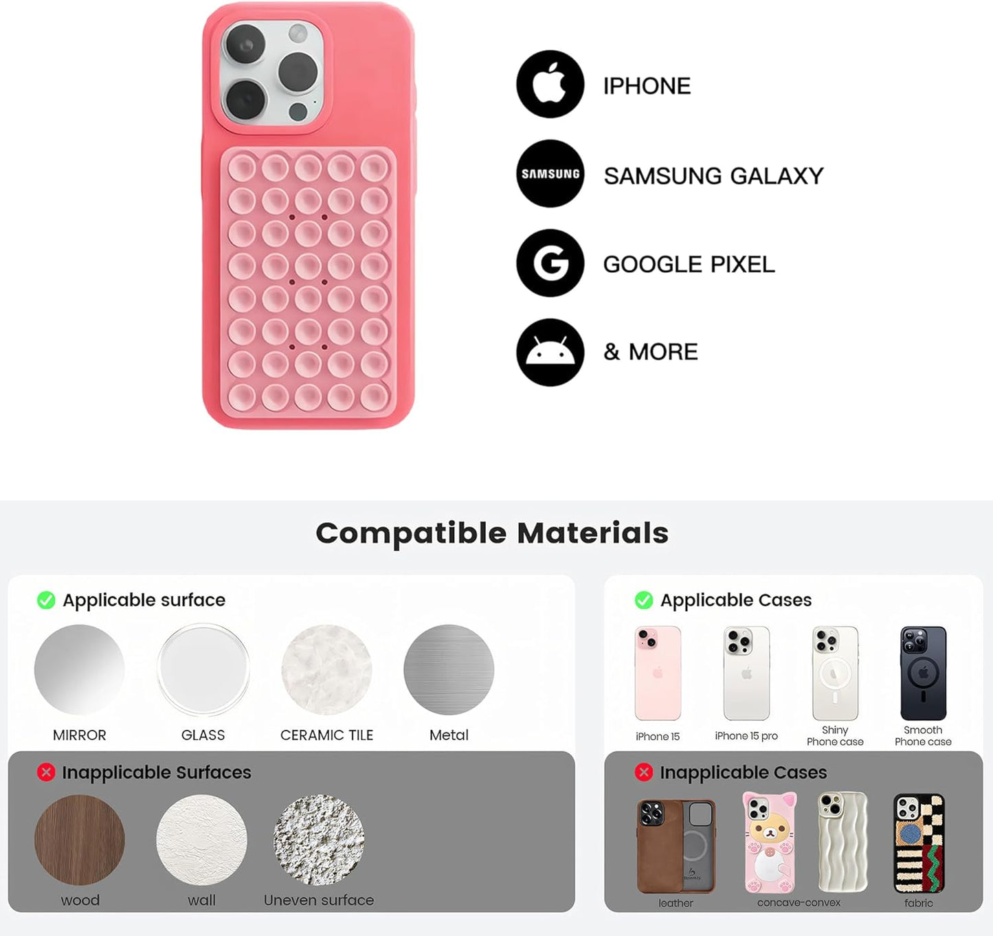 Silicone Double-Sided Suction Phone Grip Detachable Mount - Car Dashboard/Shower Phone Holder, Hands-Free For Selfies & Videos, TikTok/ASMR/Yoga - iphone & Android Compatible (3.94"x2.5",Baby Pink)