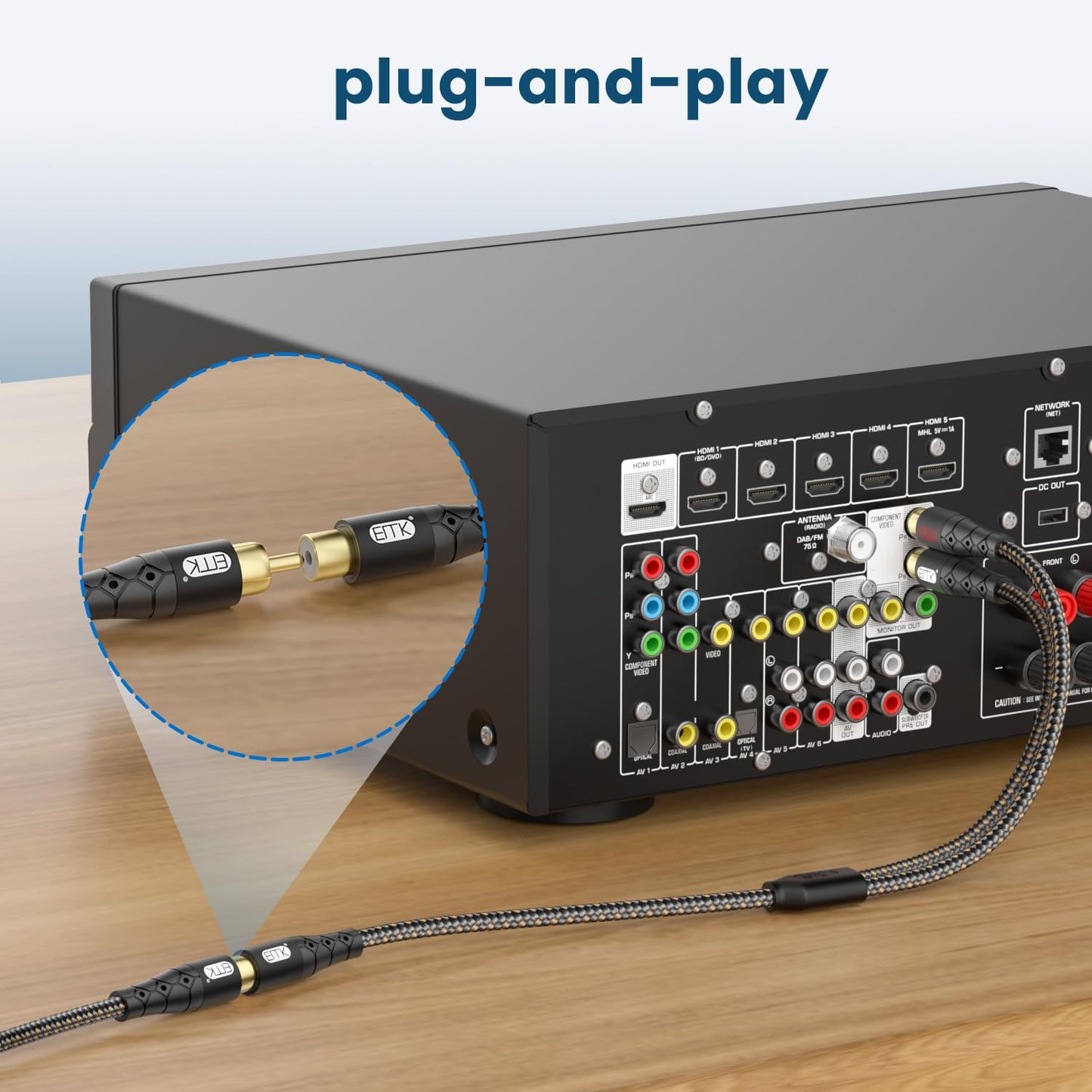 EMK RCA Splitter 2 Male to Female Extension Cable Dual Shielding Gold Plated Nylon Braided RCA Splitter 1 Female to 2 Male Cord Adapter Black/1ft/30CM