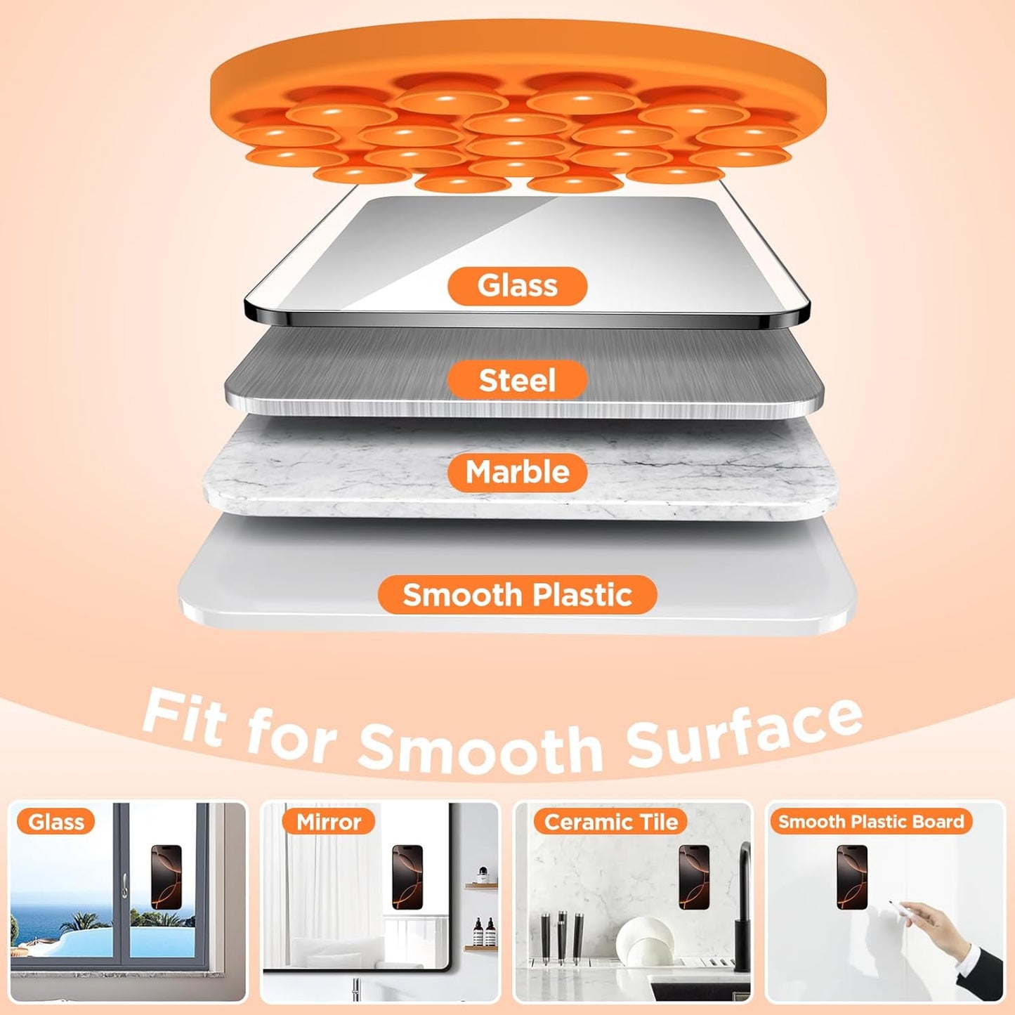 Magnetic Suction Cup Phone Mount for MagSafe Case, Silicone Hands-Free Grip Holder for iPhone and Android, Mirror Shower Phone Stand for Makeup FaceTime Gym Kitchen Bathroom, Orange