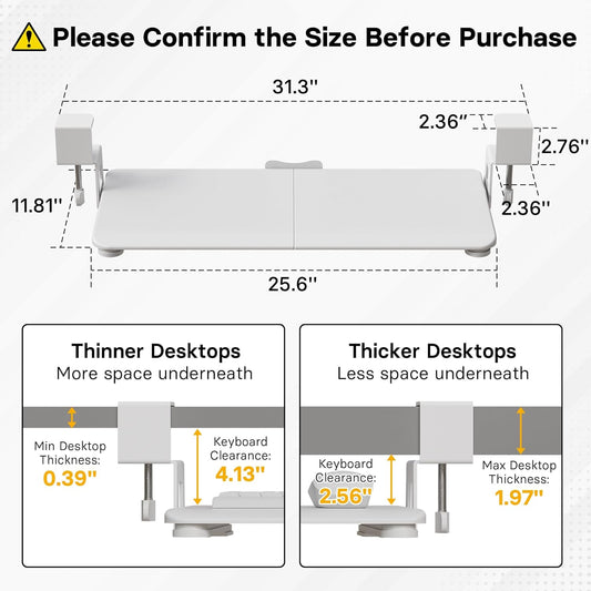 BONTEC KMT01 Under Desk Keyboard Tray, Pull-Out Keyboard & Mouse Platform with C-Clamp, 25.6 x 11.8 in Space-Saving Ergonomic Slide-Out Drawer, White