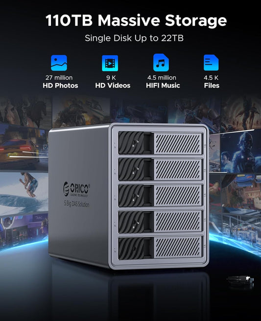 ORICO 5 Bay DAS Hard Drive Enclosure USB 3.0 for SATA 3.5 inch SSDs HDDs Bracket-Free External Hard Drive Bay Max up to 110TB ( Alluminum Alloy) -9858U3