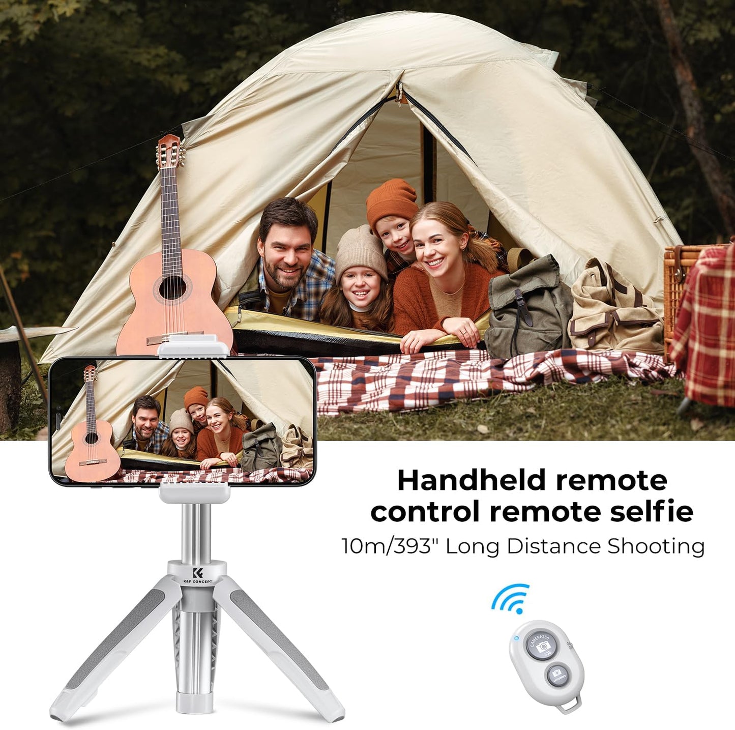 K&F CONCEPT Selfie Stick Tripod, 360 Degree Rotation Mini Phone Stand with Ball Head and Cold Shoe Mount, Cellphone Holder with Wireless Remote for Smartphone White