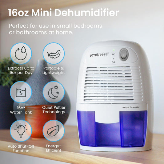 Pro Breeze Electric Mini Dehumidifier for Home (215 sq.ft) 16oz Capacity, Energy Efficient, No Noise, Compact and Portable for High Humidity in Kitchen, Bedroom, Bathroom, Basement, RV, Office, Garage