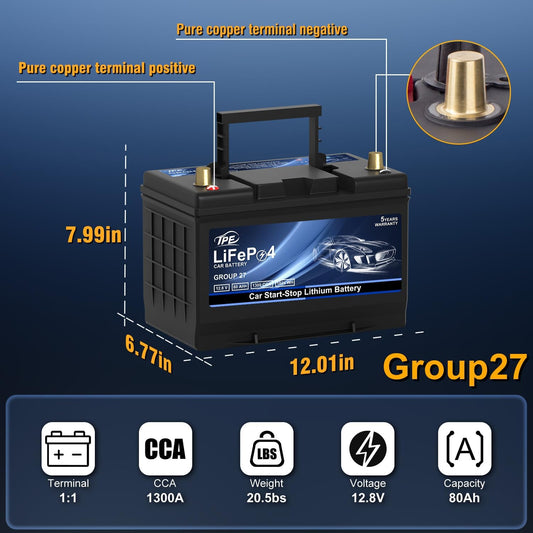GROUP 27 Car Start-Stop Lithium Battery 12V 80AH Car Battery with 1300CCA – High-Performance Automotive Battery with 60 Months Warranty