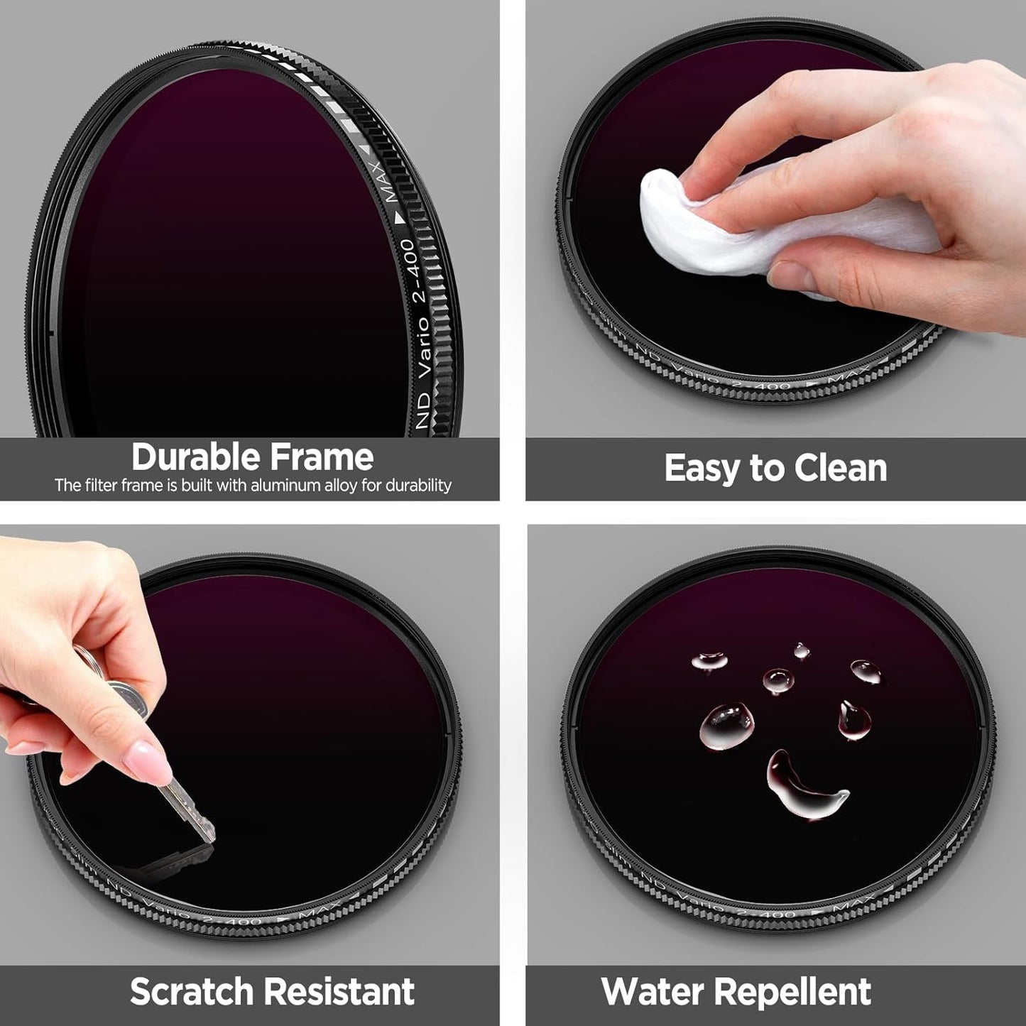 52mm Variable ND2-ND400 Filter with Upgraded Phone Clip, Neutral Density Filter Lens for iPhone 16/15/14/13 Pro Max Samsung Moto Google TCL, HD Double-Sided Multi-Coated Glass