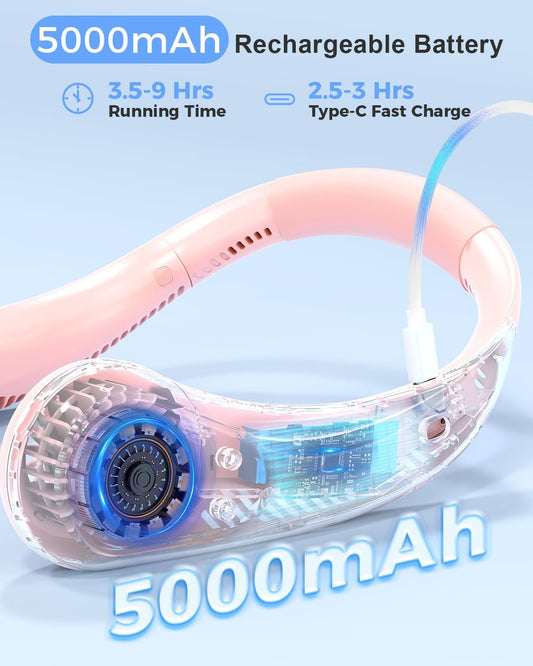 Portable Bladeless Neck Fan, 5000mAh Rechargeable Battery, 3 Speeds, Workout Essential, 360°Airflow, Twistable, Personal Wearable Neck Fan for Sports Outdoor Indoor, Gifts for Man Woman Family