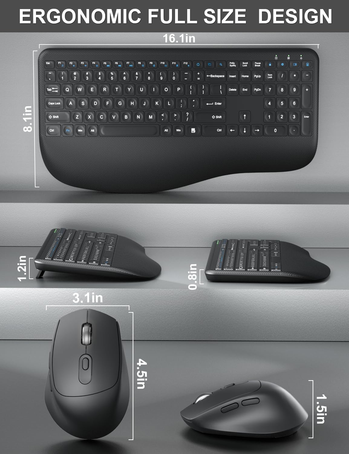 Wireless Keyboard and Mouse Combo, EDJO 2.4G Full-Sized Ergonomic Computer Keyboard with Wrist Rest and 3 Level DPI Adjustable Wireless Mouse for Windows, Mac OS Desktop/Laptop/PC (Carbon Black)