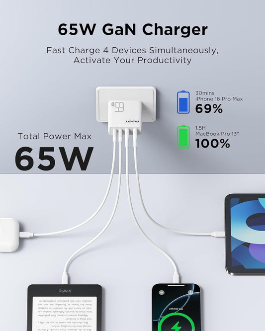 PISEN 65W USB C Fast Charger - 4FT USB-C Cable, 4-Port Compact Foldable GaN Charger, PPS for MacBook Pro/Air, iPad Pro, Galaxy S23, iPhone Series