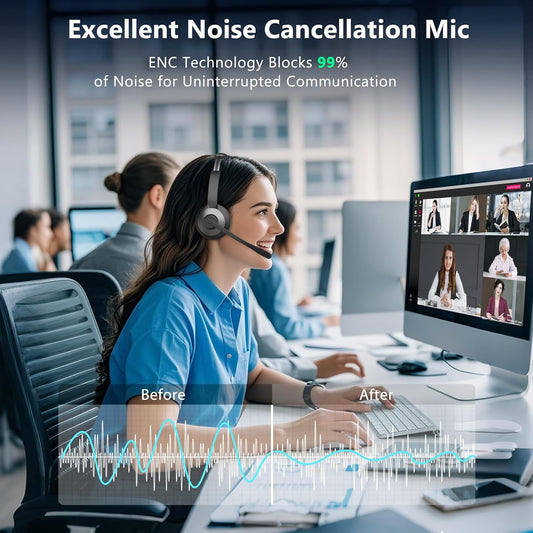 Wireless Headset with Mic for Work, Wireless Headphones with Mic (AI Noise Cancellation) & USB Dongle, 26+ Hrs Working Time, Bluetooth Headset with Mute for PC/Laptop/Office/Call Center/Zoom/Home