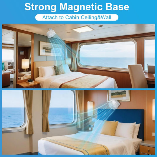 Magnetic Cruise Fan with 12000mAh Battery - Portable Cabin Air Circulator, 3-Speed LED Desk Fan with Timer, Power Bank & Ceiling/Wall Mount, Cruise Ship Approved for Travel (White)