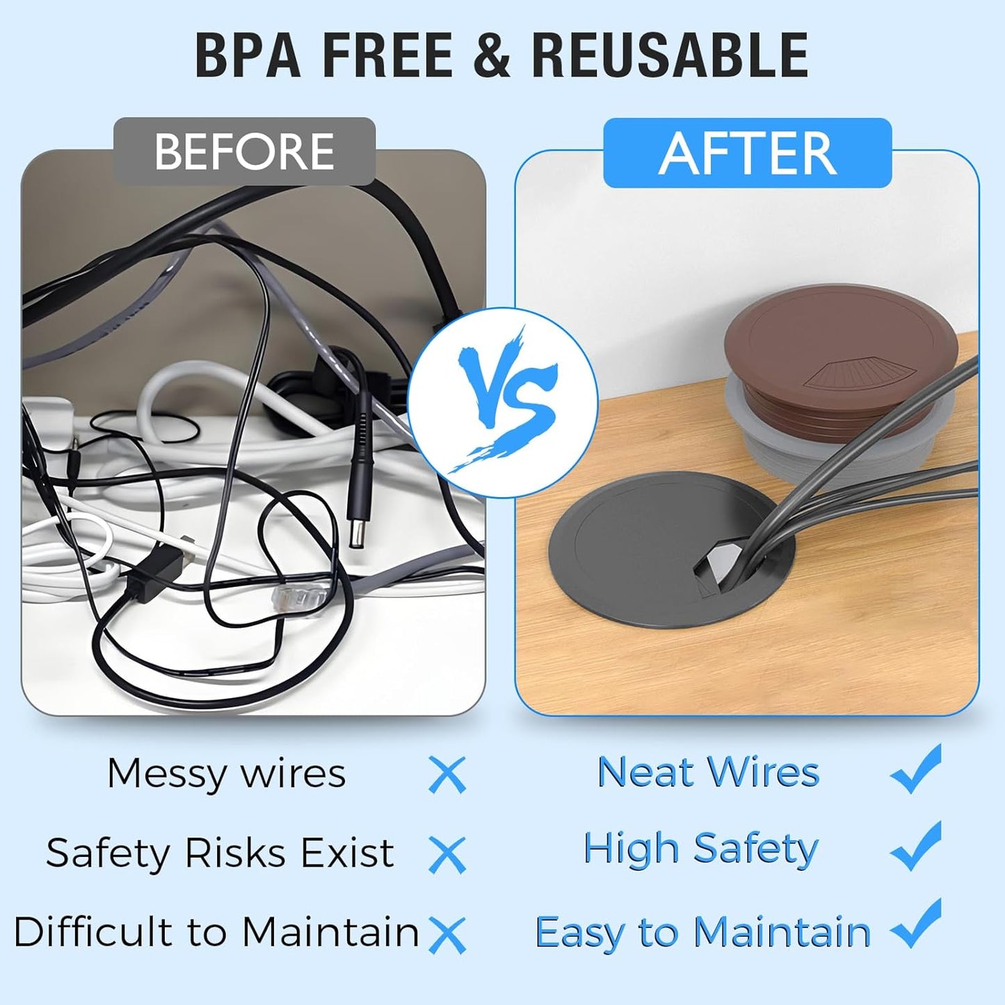 Desk Grommet 2-3/8" (60 mm), Desk Cord Hole Cover, Cable Grommet ABS Plastic, Desk Hole Grommet for Office and Home Table Cable, Detachable Adjustable Cable Cord Organizer (White 2 Pcs)