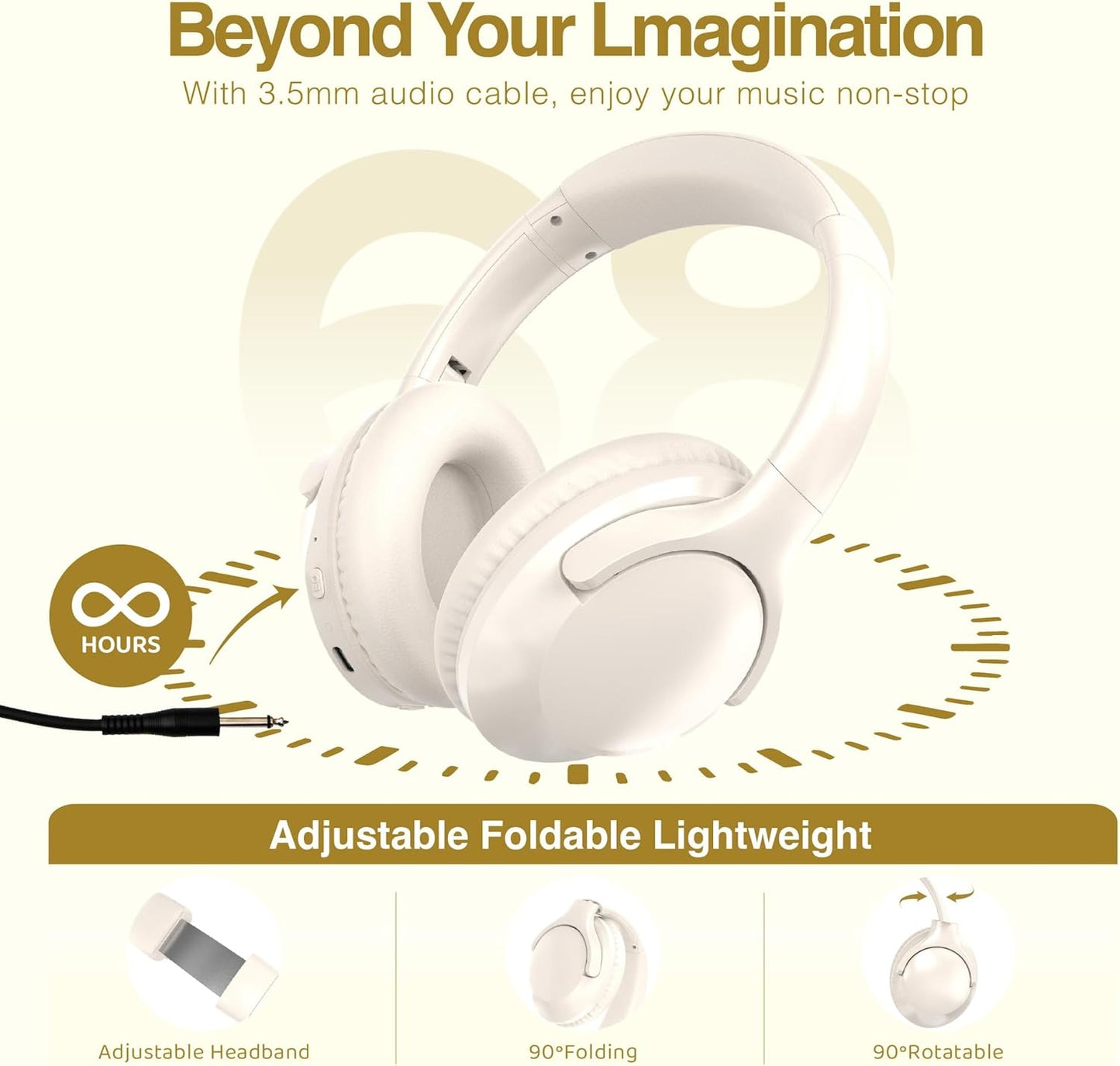 MIDOLA Bluetooth Headphones Over Ear 68H Playtime 6 EQ Wireless Headset with Microphone HiFi Stereo Foldable Lightweight Deep Bass for Travel Home Office Cellphone Milk White