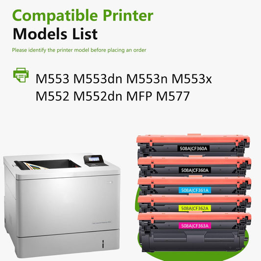 508A Toner Cartridge Combo Pack (5-Pack, 2Black/1Cyan/1Magenta/1Yellow) Compatible 508A 508 Toner Cartridges CF360A CF361A CF362A CF363A Replacement for M553 M552 553 MFP M577 Series Printer