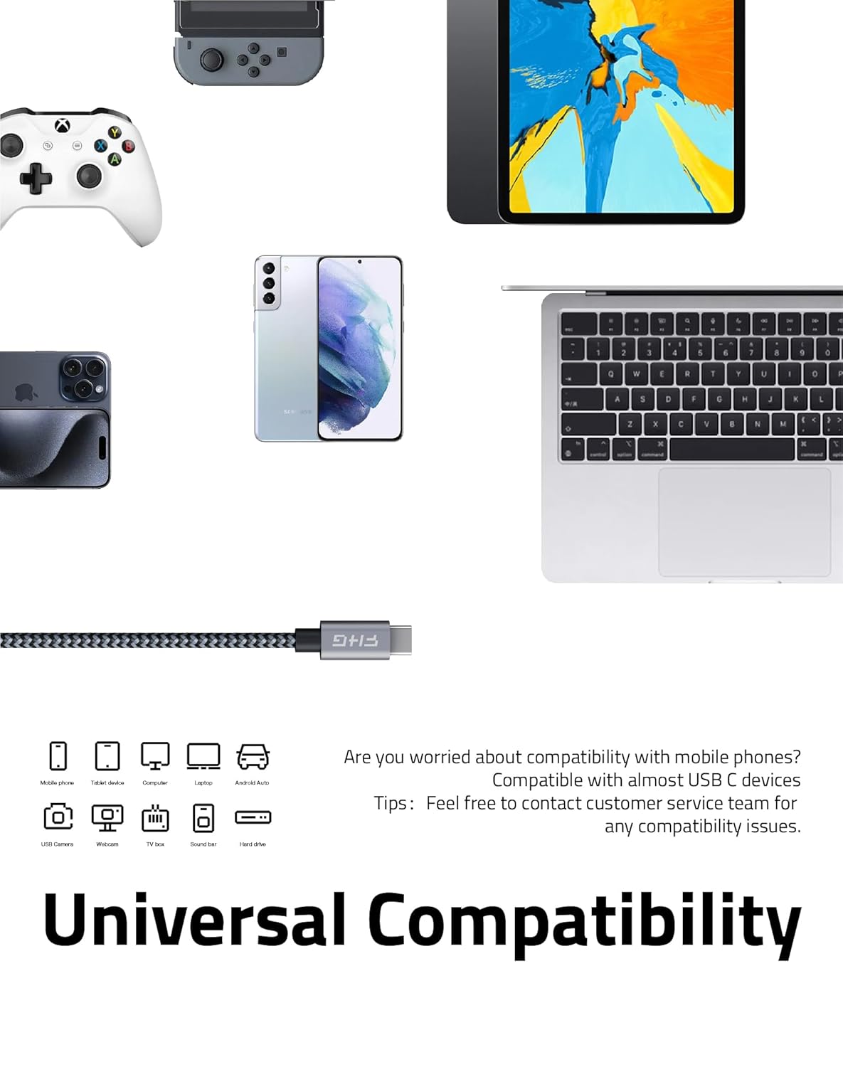 FHG USB-C to USB-C Cable - 6FT, 2Pack PD 60W/3A Fast Charging, 5Gbps Data Transfer, Compatible with Android Auto/iPhone 15