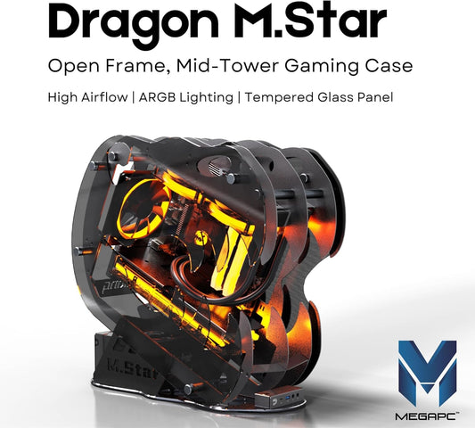 MegaPC Upgraded Open-Frame Mid-Tower Micro-ATX/Mini-ITX Gaming PC Case, Tempered Glass Side Panel, Pre-Installed ARGB PWM Fan, with USB3.0, USB-C, 240mm Radiator Support (Black)