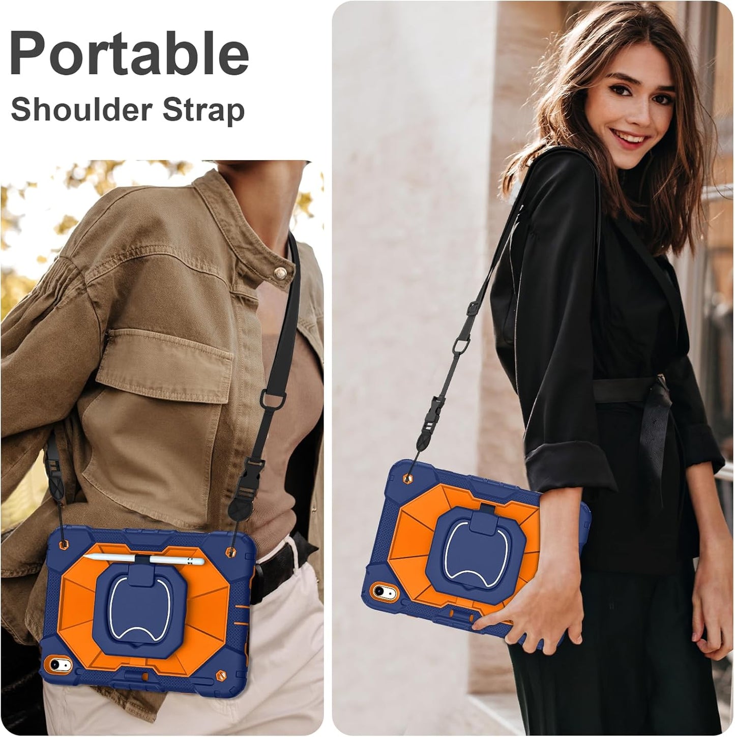 Case for iPad (A16) 11th Generation 11 Inch (2025) / iPad 10th Generation Case 10.9 Inch (2022) with 360° Rotating Stand Screen Protector Pen Holder Shoulder Strap, Navy Orange