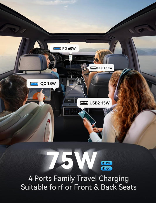 75W Car Charger USB C Cigarette Lighter Adapter 4-Port Fast Car Charger with 3.3ft 60W USB C Cable Fast Charging