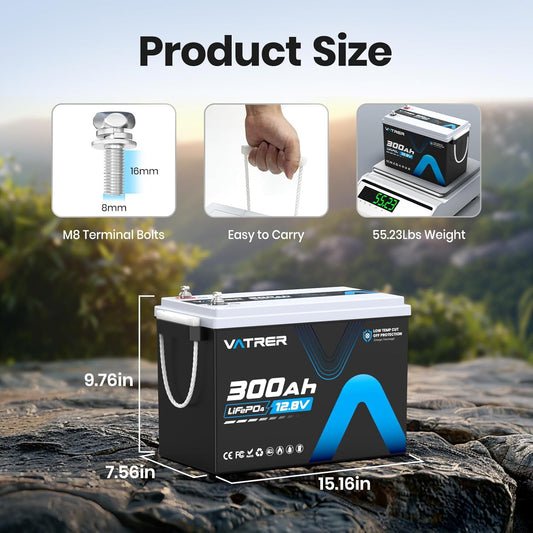12V 300AH Low Temp Cutoff LiFePO4 Battery, Built in 200A BMS, Max 2560W Power Output, 5000+ Cycles Rechargeable Lithium Deep Cycle Battery, Perfect for RV/Camper, Backup Power, Solar and Off Grid