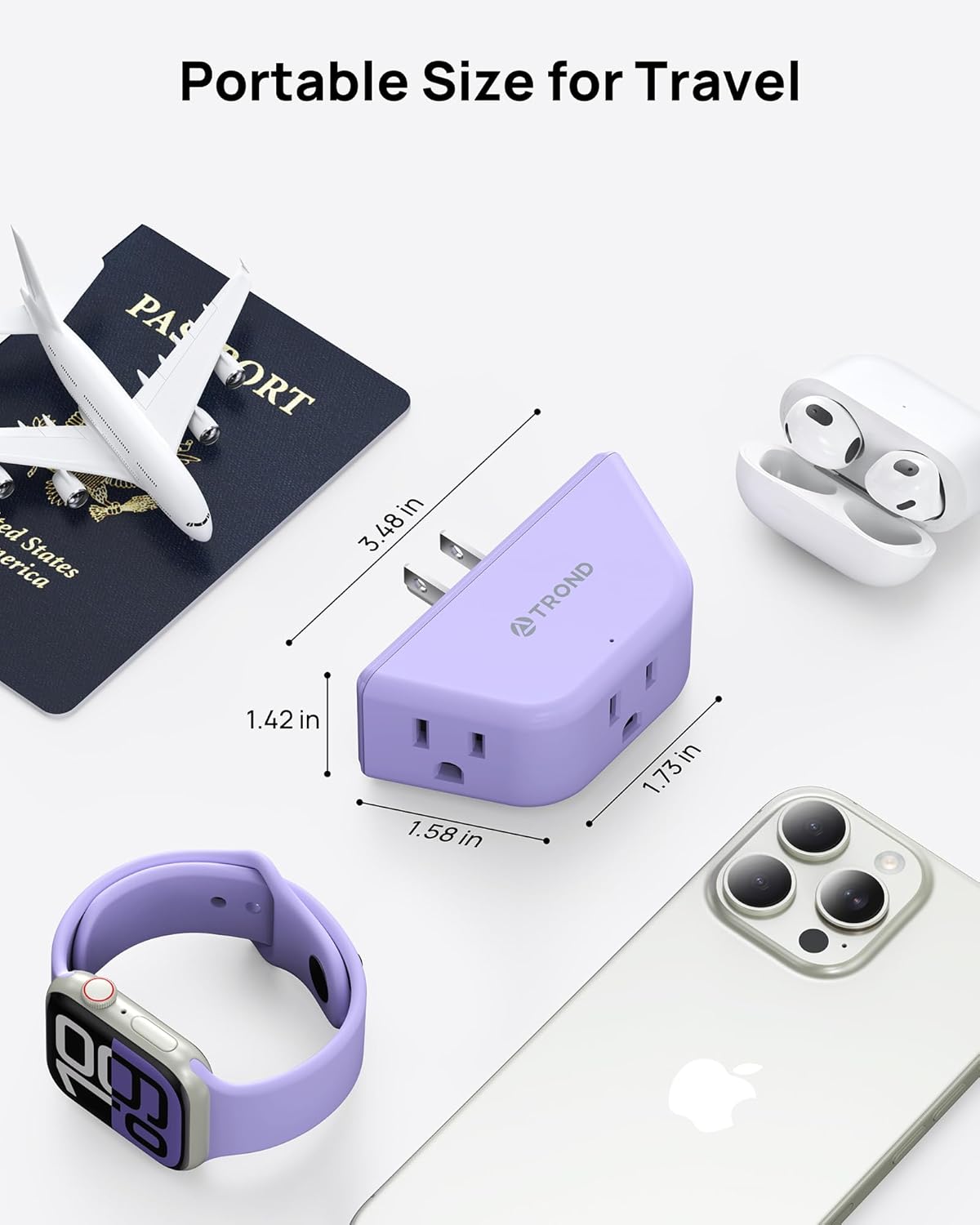 TROND Purple Outlet Extender - Plug Splitter with 3-Prong Grounded Sockets, 3 Way Angled Outlet Adapter, Wall Plug Expander, Cruise Ship Essentials, Compact and Practical for Travel Home Decoration