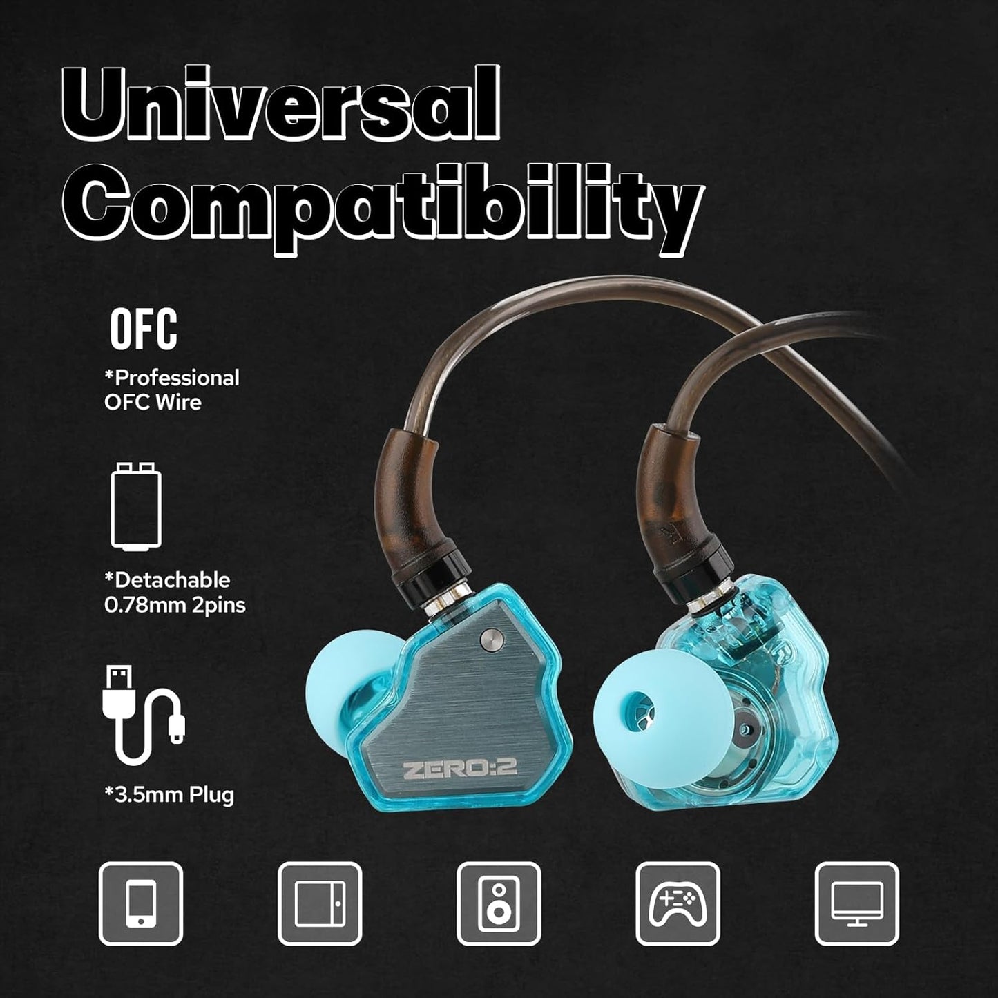 Linsoul 7Hz x Crinacle Zero:2 in Ear Monitor, Updated 10mm Dynamic Driver IEM, Wired Earbuds Earphones, Gaming Earbuds, with OFC IEM Cable for Musician (Blue)